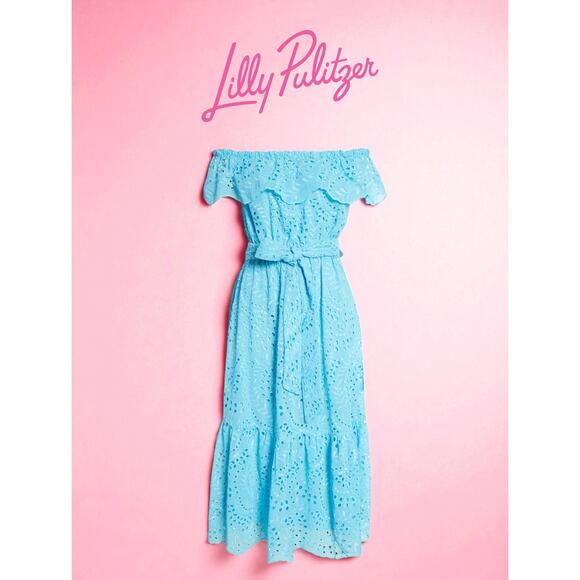 Lilly Pulitzer Geri Off-the-Shoulder Dress  Size XS – NWT – Seabreeze Blue Midi - Picture 1 of 9